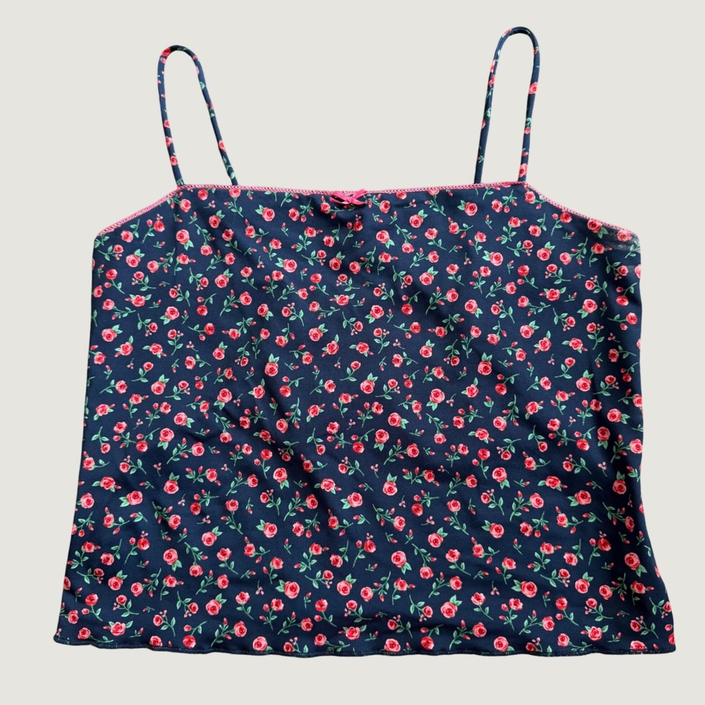 Cami Top Medium M 8-10 Floral Rose Print Nylon Stretch Navy Blue